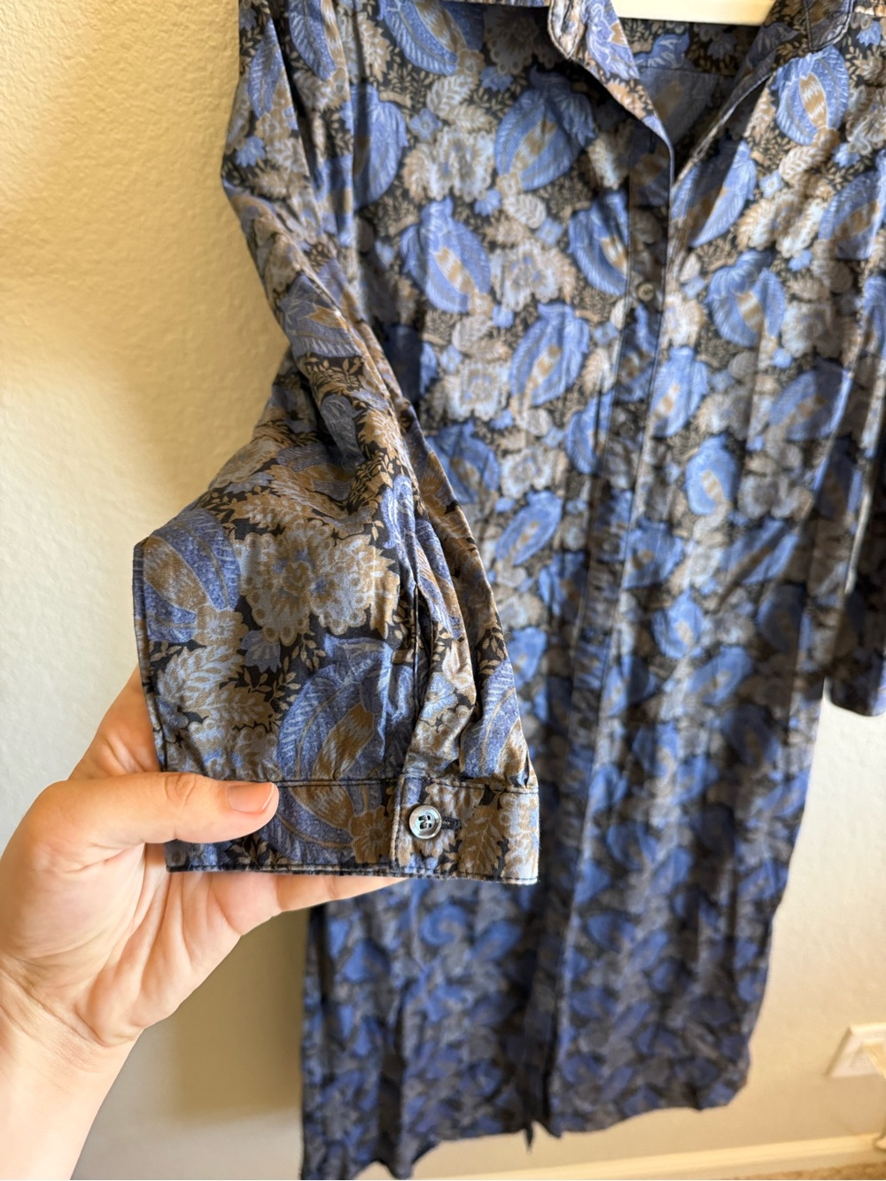 J. McLaughlin Cotton Blue Button Front Midi Shirt Dress Printed Block Print Sz L - Picture 6 of 9